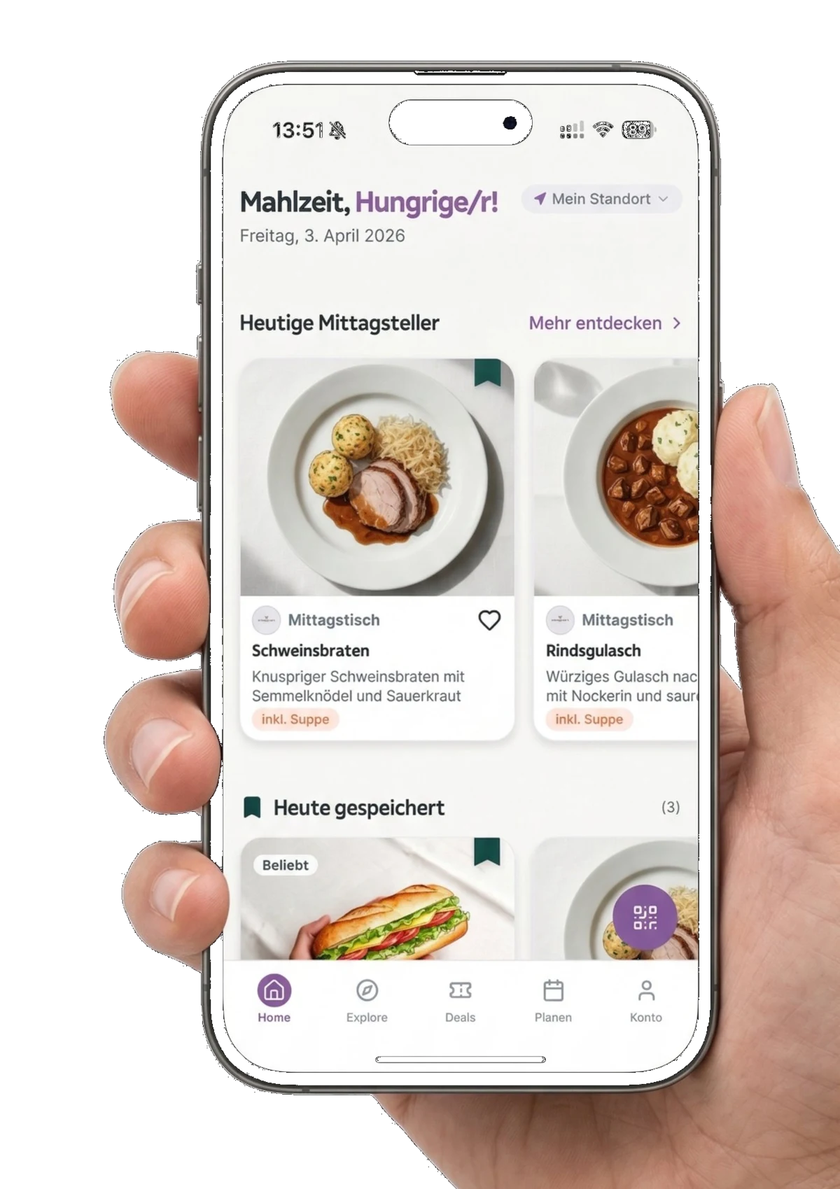 Hand hält iPhone mit Hungro: heutige Mittagsteller in Graz